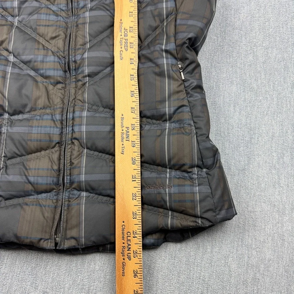 Patagonia Vest Womens Small Gray Brown Plaid Puffer Full Zip Goose Down Gorpcore